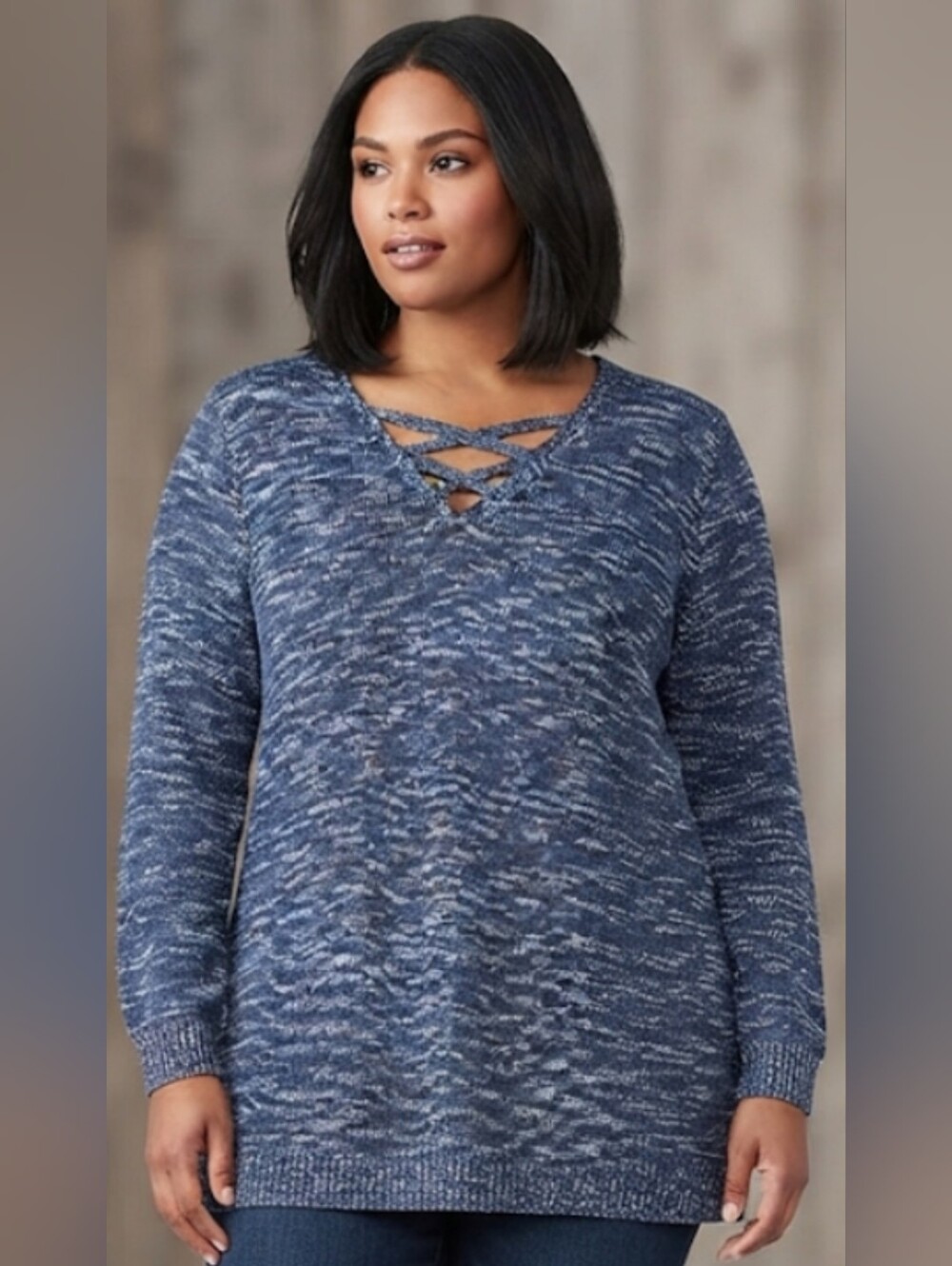 Lane Bryant Blue Marled Crisscross V-Neck Sweater